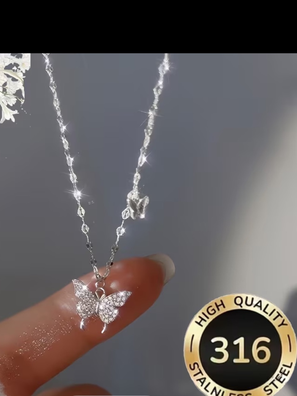 Sterling-Style Silver Butterfly Pendant Necklace - Sparkling Clear Crystal
